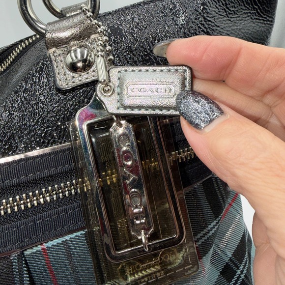 Coach Poppy Tartan Plaid Tote Bag Grey Black Patent Leather Shoulder Bag - Picture 4 of 16